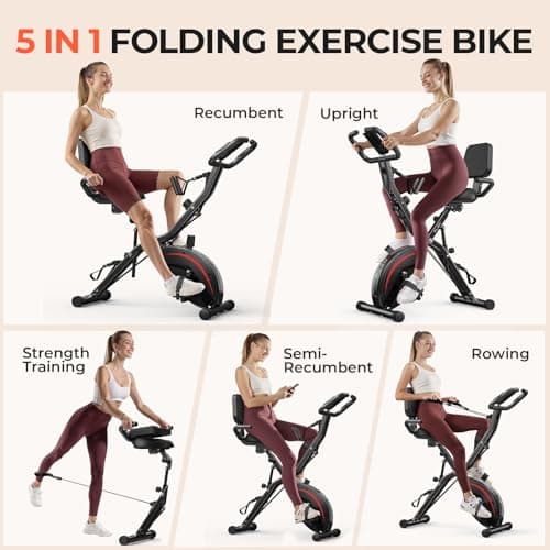 Pleny Folding Exercise Bike, 5 IN 1 Stationary Bikes for Home 6.6 LBS Flywheel, 330LB Weight Capacity Back Support Cushion Indoor Workout Cycling Bike for Home Gym, Black-red