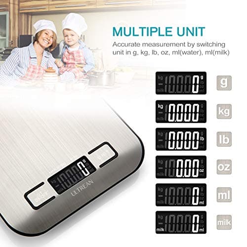 Ultrean Food Scale, Digital Kitchen Scale with LCD Display, Weight Grams and Ounces for Baking Cooking and Meal Prep, 6 Units with Tare Function, 304 Stainless Steel, 11lb (Batteries Included)