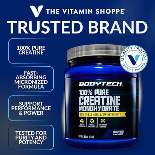 BodyTech Creatine Monohydrate Powder, Unflavored Micronized Creatine Formula for Men and Women, 5g per Serving, Pre Workout & Post Workout Supplement, Gluten Free, Sugar Free, 18 Oz, 102 Servings
