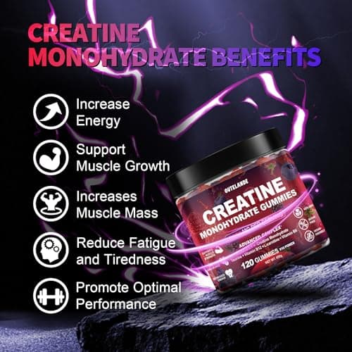 Creatine Monohydrate Gummies 8000 mg for Men & Women, Creatine Supplement for Enhanced Muscle Growth, Energy Boost - with L-Taurine, Sugar Free, Vegan, Raspberry BlackBerry Blueberry Flavor-120 Count