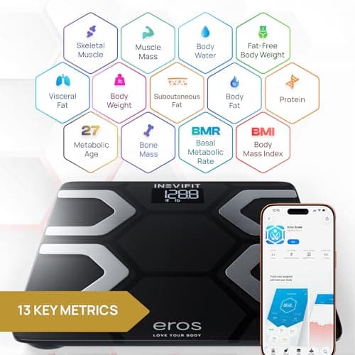 INEVIFIT EROS Bluetooth Body Fat Scale Smart BMI Highly Accurate Digital Bathroom Body Composition Analyzer with Wireless Smartphone APP 400 lbs 11.8 x 11.8 inch (Black)
