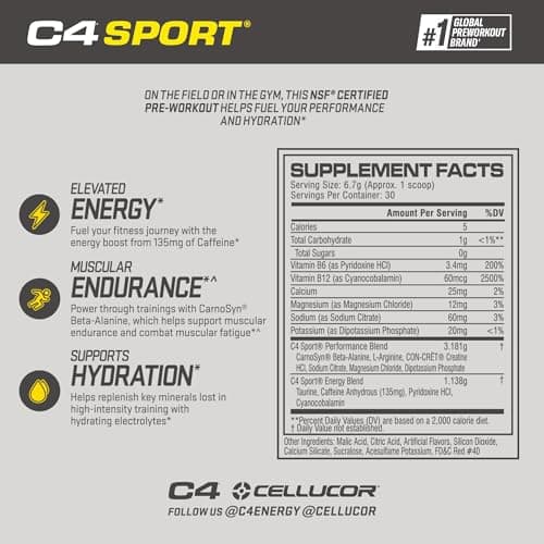 Cellucor C4 Sport Pre Workout Powder Watermelon - NSF Certified for Sport + Preworkout Energy Supplement for Men & Women - 135mg Caffeine + Creatine Monohydrate - 30 Servings