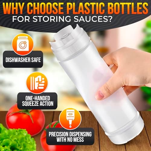 Set of 6 Inverted Condiment Squeeze Bottles 16 oz – Upgraded Design with Added Sealing Gaskets, Self-Closing Valve, Easy-to-Fill Clear Bottles for Sauces, Dressings, Ketchup, Mustard for Everyday Use
