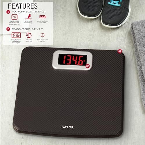 Taylor Digital Bathroom Scale, Body Weight Scale 400 LB Capacity, Carbon Fiber Anti-Slip Mat, 11.8 x 11.8 Inch Platform, Black