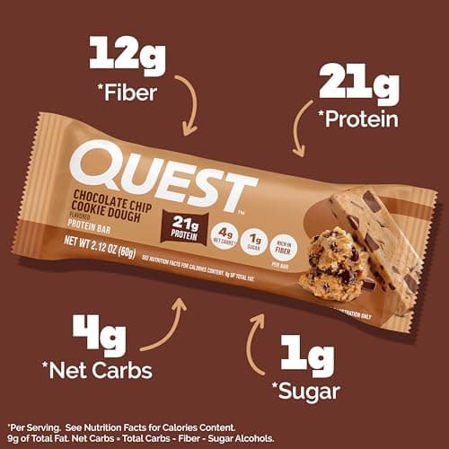 Quest Nutrition Chocolate Chip Cookie Dough Protein Bars, High Protein, Low Carb, Gluten Free, Keto Friendly, 12 Count