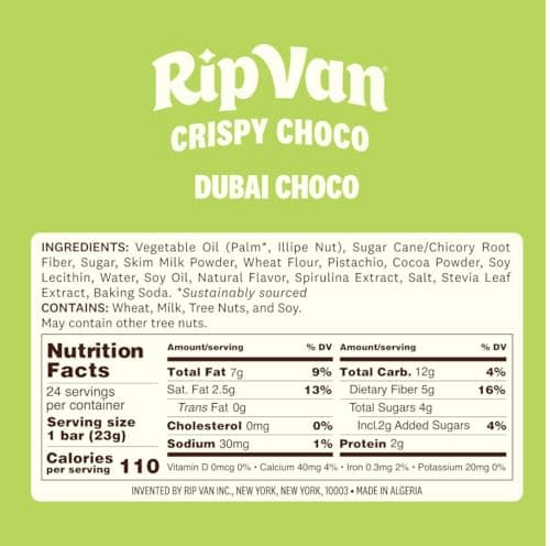 Rip Van Dubai Chocolate Bar Crispy Choco – Healthy Snack with Creamy Pistachio & Toasted Kunafa – Dubai Choco Flavor – 4g Sugar, 5g Fiber – Guilt-Free Indulgence – 12 Pack
