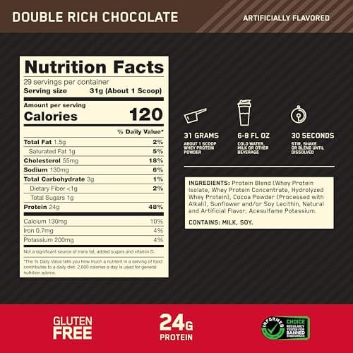 Optimum Nutrition Gold Standard 100% Whey Protein Powder, Double Rich Chocolate 1.98 Pound (Packaging May Vary)