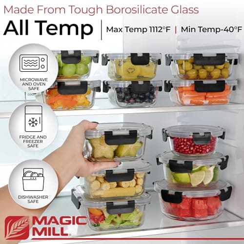 Magic Mill Premium Borosilicate Glass Food Storage Containers with lids Set | 24pc Sets with 12 Bowls & 12 Airtight Locking Lids for Lunch & Meal Prep, Safe for Oven, Freezer, Dishwasher, BPA-Free