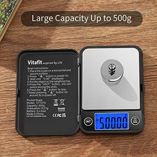Vitafit 500g Digital Pocket Scale,High Accuracy Assured by Scale Professional Factory Since 2001, Gram Scale 0.01g for Multifunction: Lab,Food, Kitchen,Coffee,Jewelry; Black