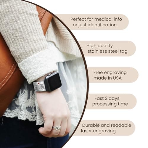 Alert ID Tag for Watch Band, Laser Engraved Apple Watch Safety Plate, Fitness Runners ID tag for Sport smartwatch, Medical tag for Wrist Band