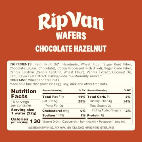 Rip Van Chocolate Hazelnut Wafer Cookies, Keto, Non-GMO, Healthy Snacks, Low Carb & Low Sugar (2g), Low Calorie, Vegan, 16 Count
