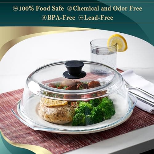 Le’raze Tall Glass Microwave Splatter Cover for Food - Cookware & Bakeware Serving Dish Cover, Plate Guard Lid with Easy Grip Silicone Handle Knob - 100% Food Grade BPA Free & Dishwasher Safe - 10in