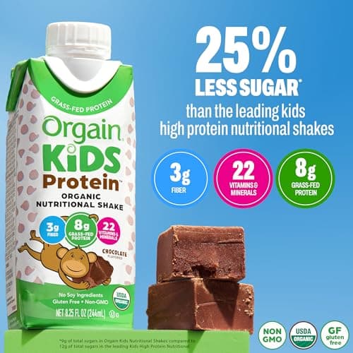 Orgain Organic Kids Nutritional Protein Shake, Chocolate, Healthy Kids Snacks, 8g Dairy Protein, 3g Fiber, 22 Vitamins & Minerals, No Soy Ingredients, Gluten Free, Non-GMO, 8.25 Fl Oz (Pack of 12)