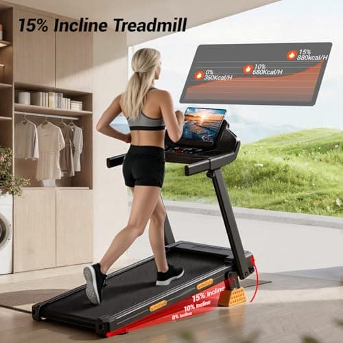 LONTEK Treadmills for Home with 15% Incline & Led Screen, 7-Layer Shock-Absorbing Foldable Treadmill with Handle Bar Up to 400lbs Capacity, 3.0HP Quiet Walking Pad Treadmill 0.6-7.5MPH