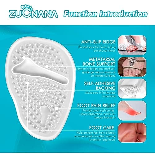 ZUCNANA Ball of Foot Cushions (2 Pairs Gel Shoe Inserts), Heel Inserts for Women, Non Slip Heel Pads, Heel Cushions for Women Foot Pain Relief and Comfort, One Size Fits Any (Clear)