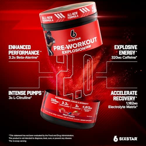 Six Star Pre-Workout Powder for Men & Women, Fruit Punch (30 Servings) - Preworkout Explosion 2.0 Energy Powder Drink Mix with Beta-Alanine & Caffeine - Sports Nutrition Supplement Products