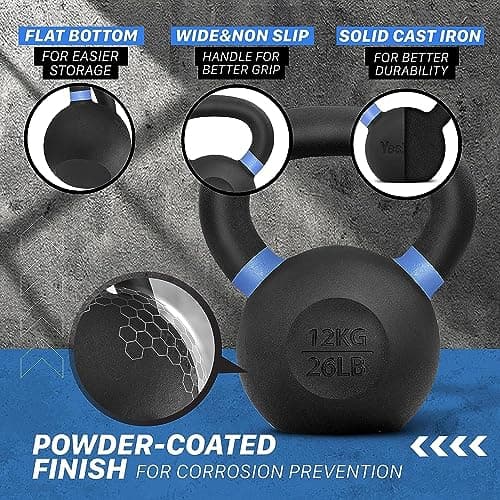 Yes4All Powder Coated Kettlebell, 26 lb Cast Iron Core Kettlebells with Non-Slip Handle & Flat Bottom for Conditioning, Heavy Duty for Strength Training - Single, Blue